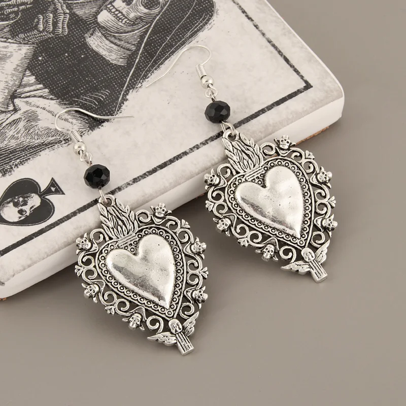 

Vintage Big Heart-shaped Drop Earrings Silver Gothic Dangling Distressed Jewelry Gift Cool Party Accessories
