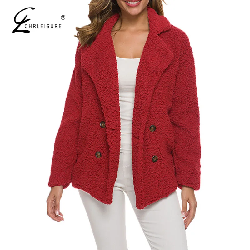 Женская теплая куртка с плюшевым отворотом однотонное двубортное пальто