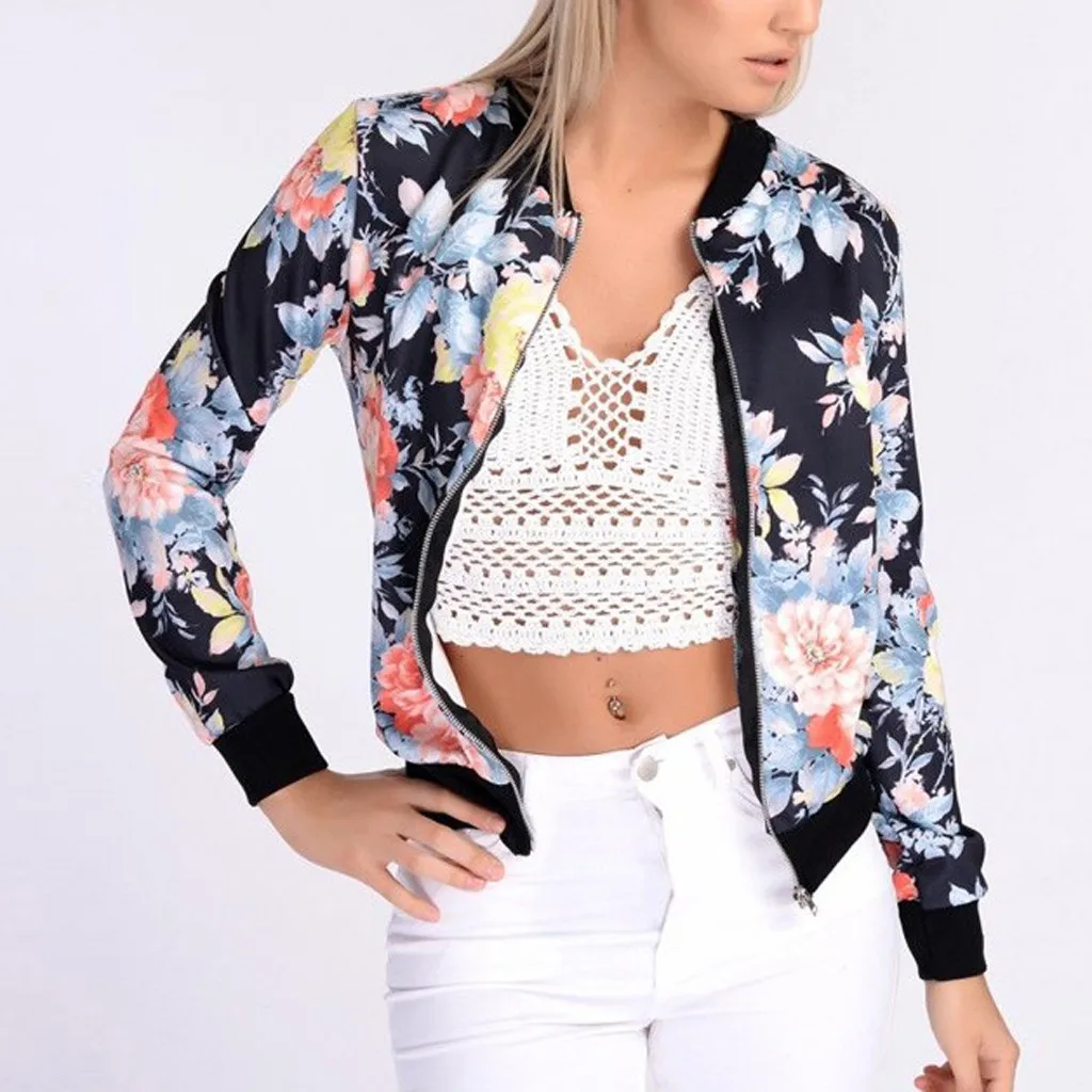 Женская куртка на молнии с цветочным принтом пальто в стиле ретро весенние