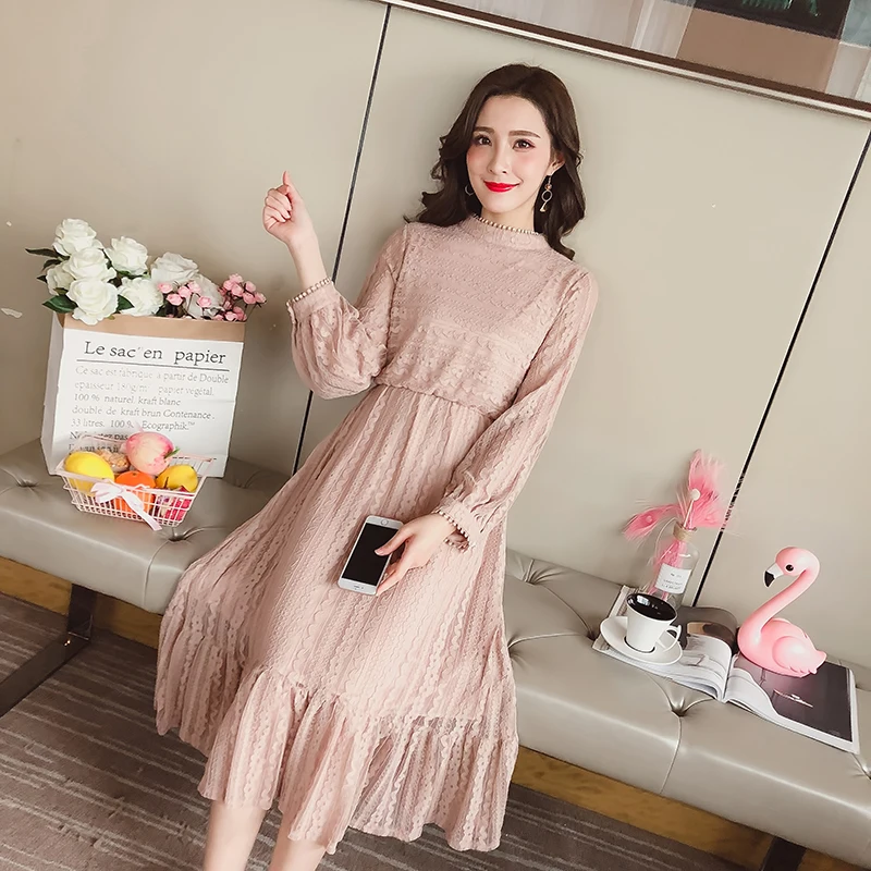 Новый Для женщин платье длинный рукав кружево Тонкий интеллект дыма длинные