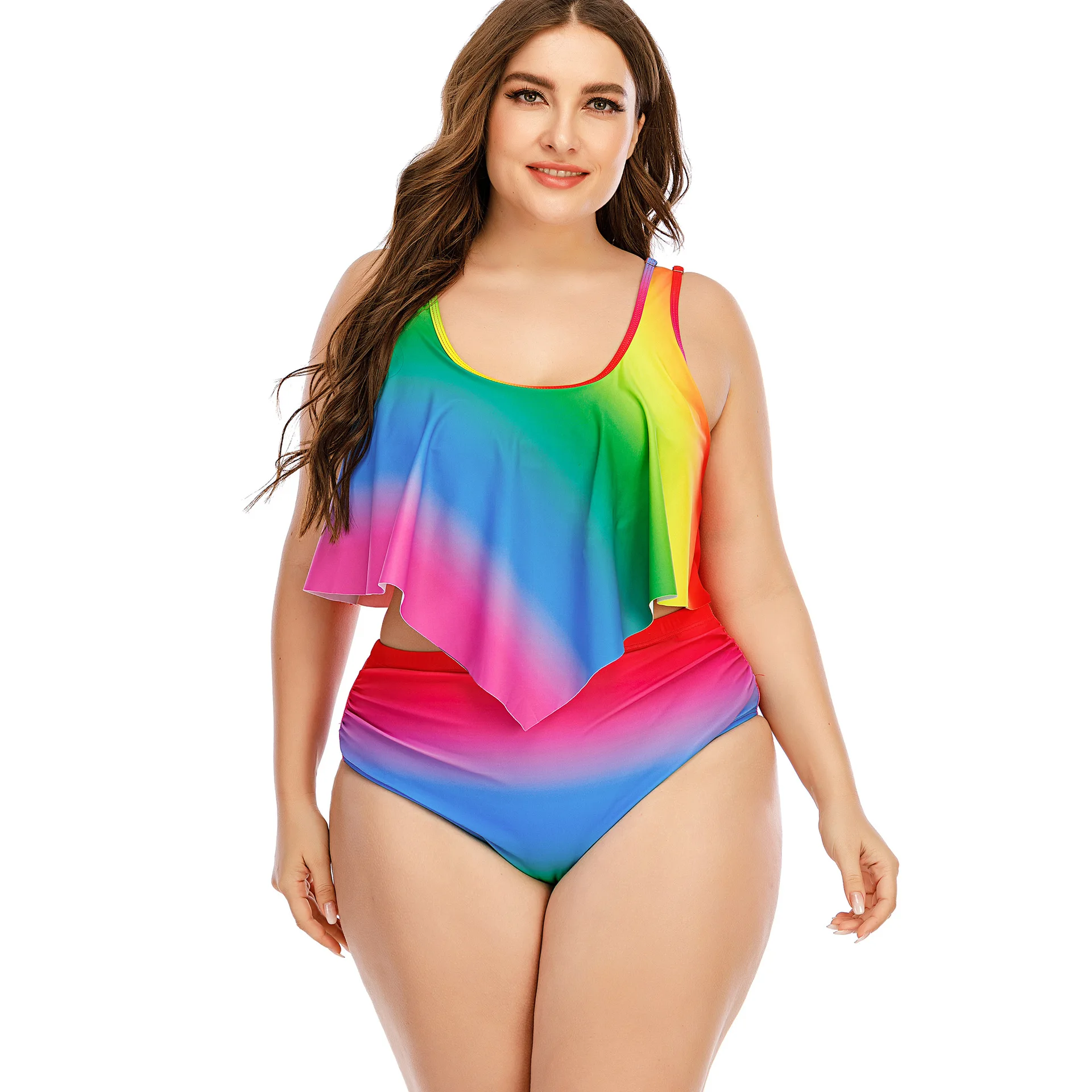 Luren Plus Size Swimwear Oversized Women's Split Rainbow Swimsuit Swimming Suit for Women High Waist 5XL