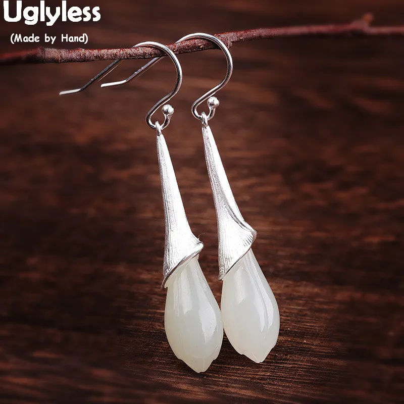 Женские серьги с цветком магнолии элегантные висячие из натурального нефрита