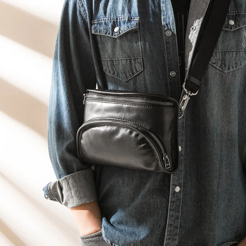Simple Casual Fashion genuine Leather Men's Black Chest Bag Daily Outdoor Weekend Travel Soft cowhide Shoulder Messenger Bag