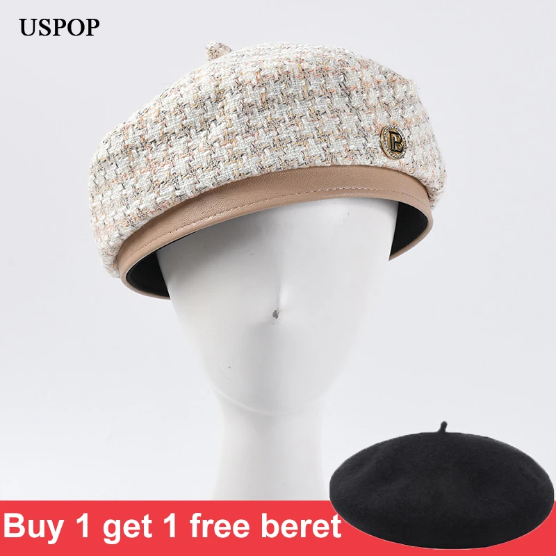 

USPOP New Berets winter women beret hat tweed plaid beret thick warm wool hats