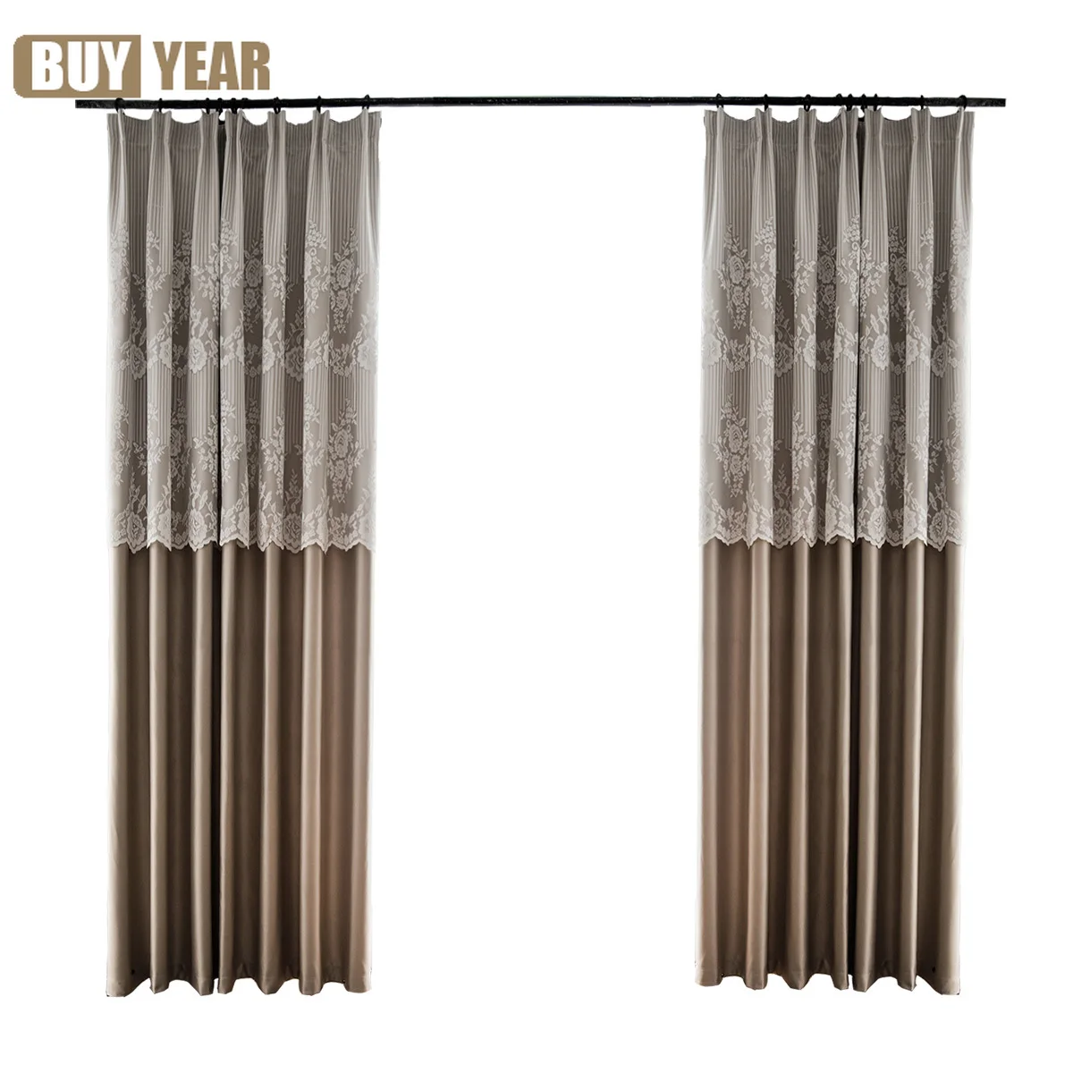 

Custom Light Luxury Light Coffee Simulation Silk Curtains Lace Jacquard High-end Blackout Curtains for Living Room and Bedroom