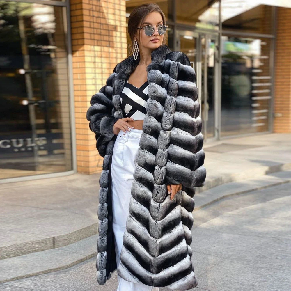 Fashion Long Real Rex Rabbit Fur Coat Stand Collar 2022 New Trendy Genuine Full Pelt Rex Rabbit Fur Coats Female Thick Overcoats