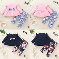 2021 newborn baby girls outfits bow round neck ruffle pullover and floral long length pants cute babies outwear fashion suits