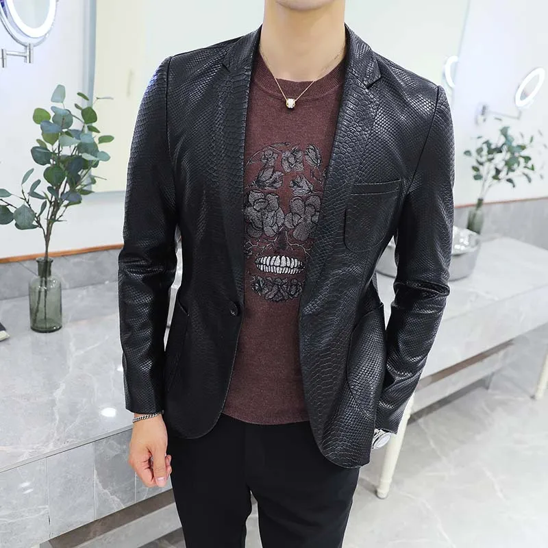 Мужской черный кожаный блейзер модное приталенное мотоциклетное пальто для