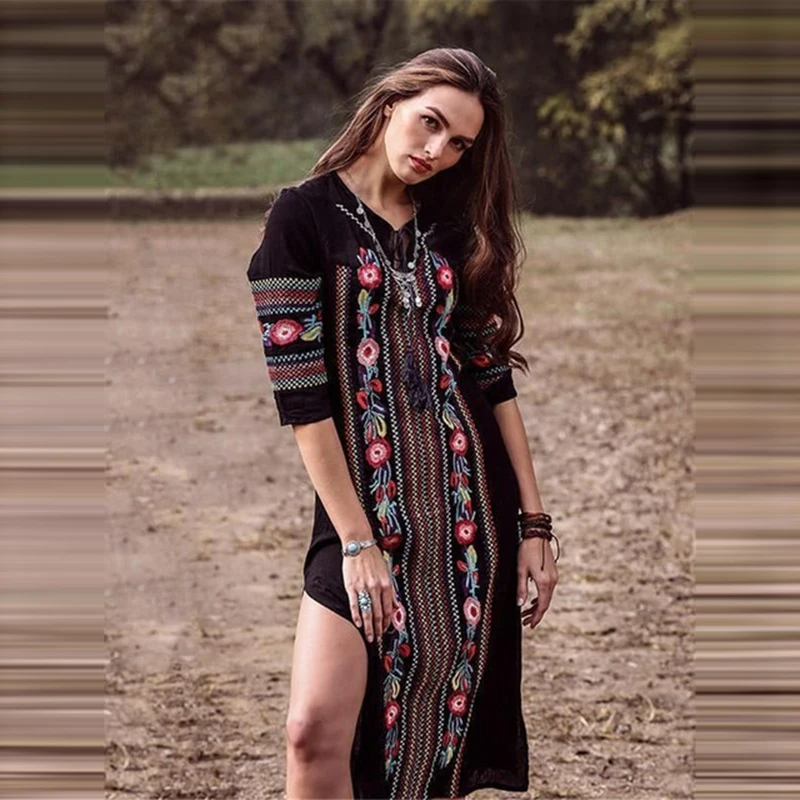 

2021 black bohemian embroidered ethnic robe beachwear split dress female summer beach sunscreen shirt blouse