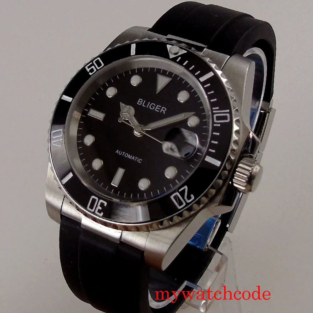 

40 мм BLIGER автоматические мужские часы NH35A MIYOTA 8215 Move мужской t черный циферблат Резиновая Дата, сапфировое стекло керамический ободок вставка