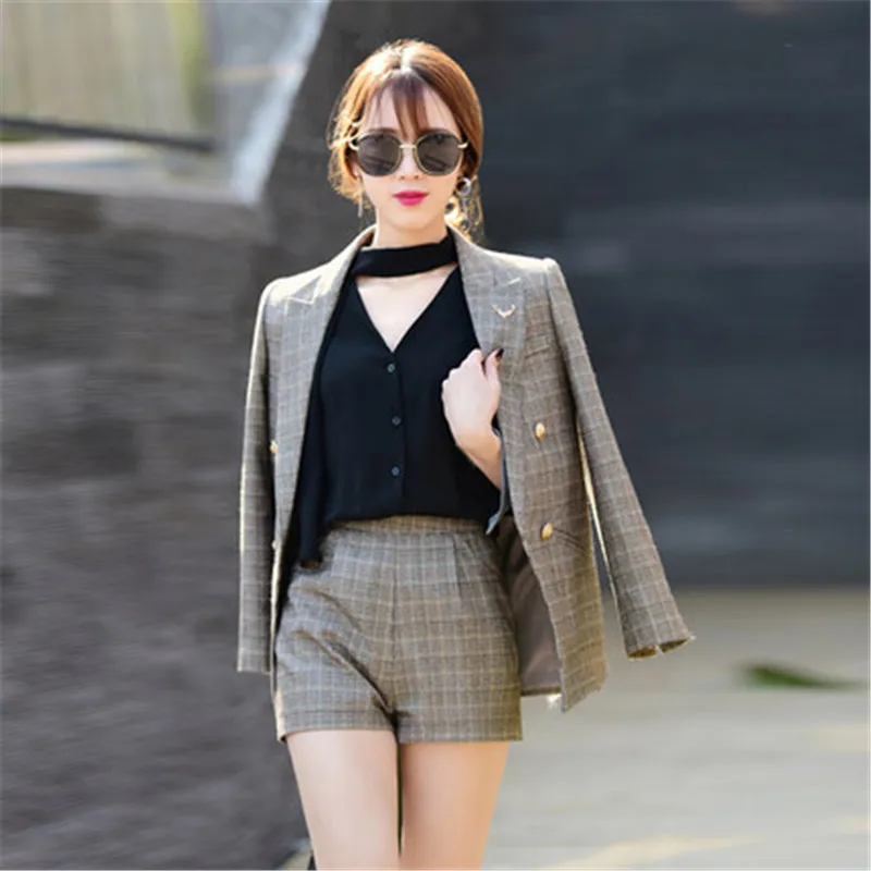 New Spring Summer Womens Business Suits Plaid Jacket And Short Pants Feminina Mid Long Blazer Shorts Women Set Hot SaleLX07 |