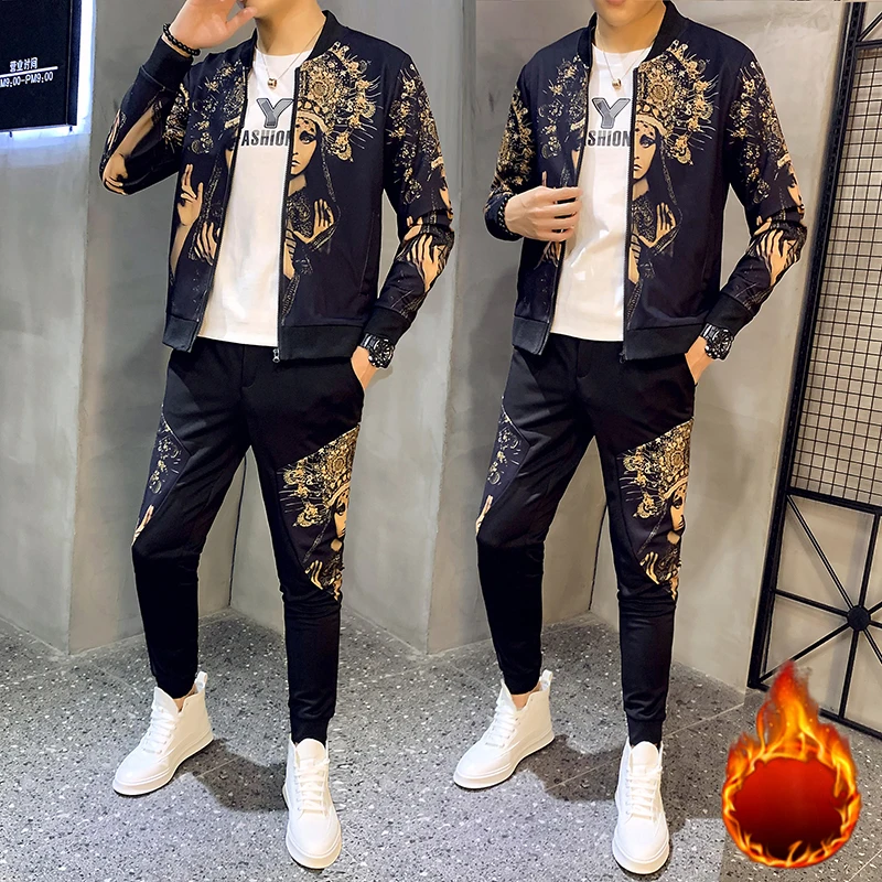 Chinese Style Winter Mens Set Pant Thick Warm Tracksuit 2-piece Track Suits Sweatsuit Man Plus Velvet To Keep | Мужская одежда