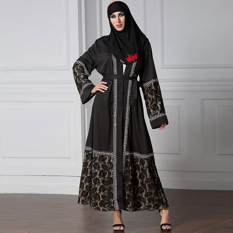 Abaya Islam Gaun Indonesia Renda Wanita Cardigan Jubah Muslim Hitam Renda Jubah Arab Nasional Turki Dubai Hijab Gaun Panjang