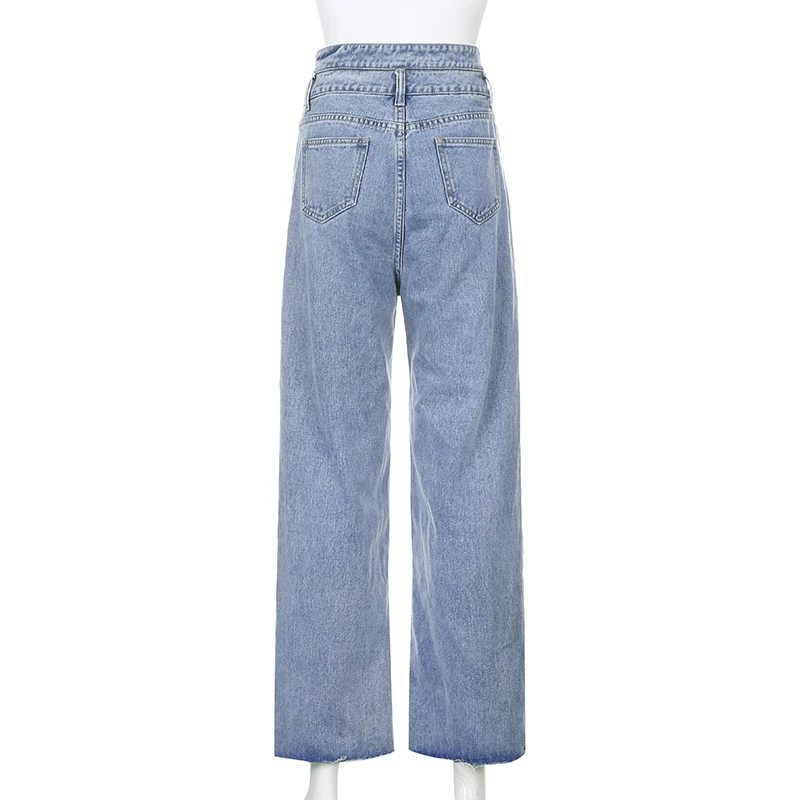 

Ripped Blue Straight Y2K Jeans For Girls Female 2021 Fashion Women's Vintage Denim Pants High Waisted Trouser Harajuku Capri