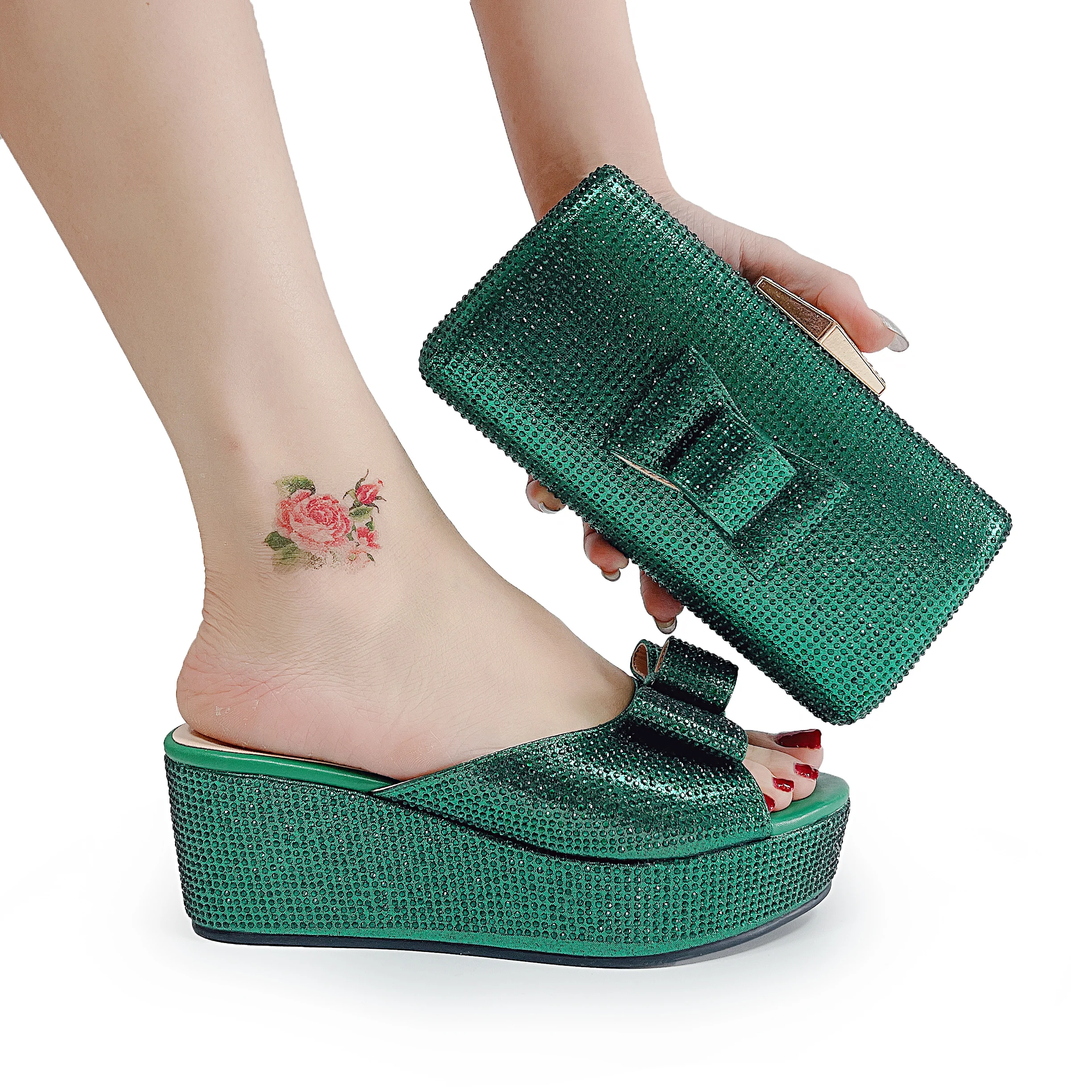 Italian Wedding Party Shoe with Bag Bow Decor Rhinestone Summer Wedge Shoe and Purse Luxury Golden Silde Shoe and Bag Set 178-11