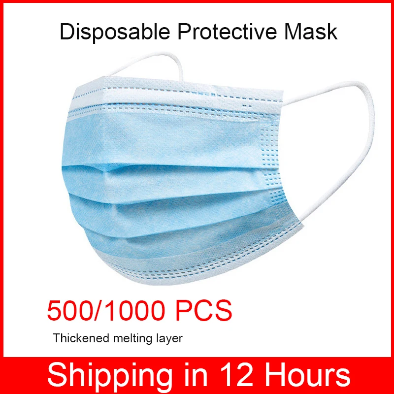 

500/1000PCS Disposable Non Woven Blue Mask 3 Layer Folding Filter Adult Air And Dust Proof Protective Masks Mascarillas