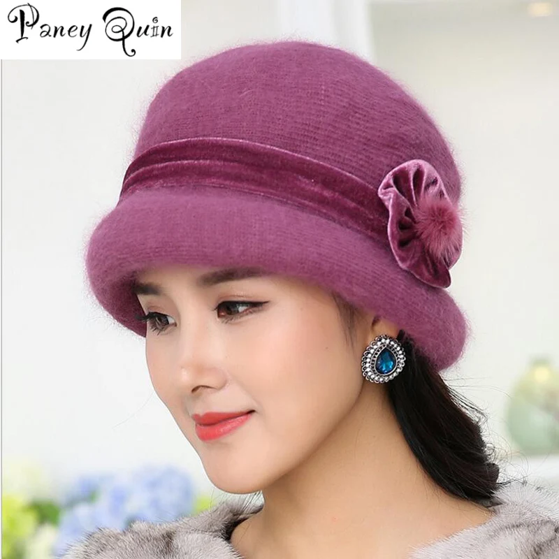 

Winter Women Floral Skullies Soft Wool Mixed Rabbit Fur Hat Warm Knitted Beanies Baggy Headwear Cap Bonnet Femme Hiver