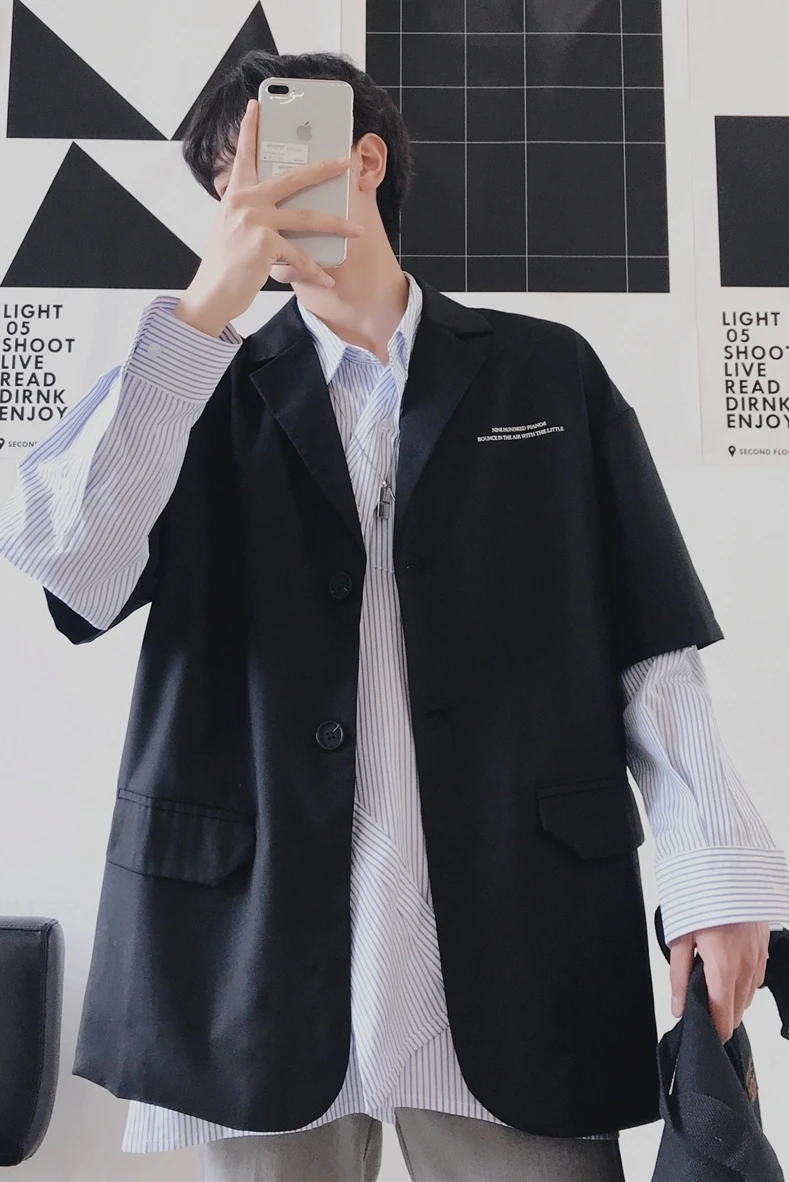 

2020 Spring And Summer New Short-sleeved Single-breasted Suit Fashion Casual Printing Ins Trend Coat Jacket Black M-XL