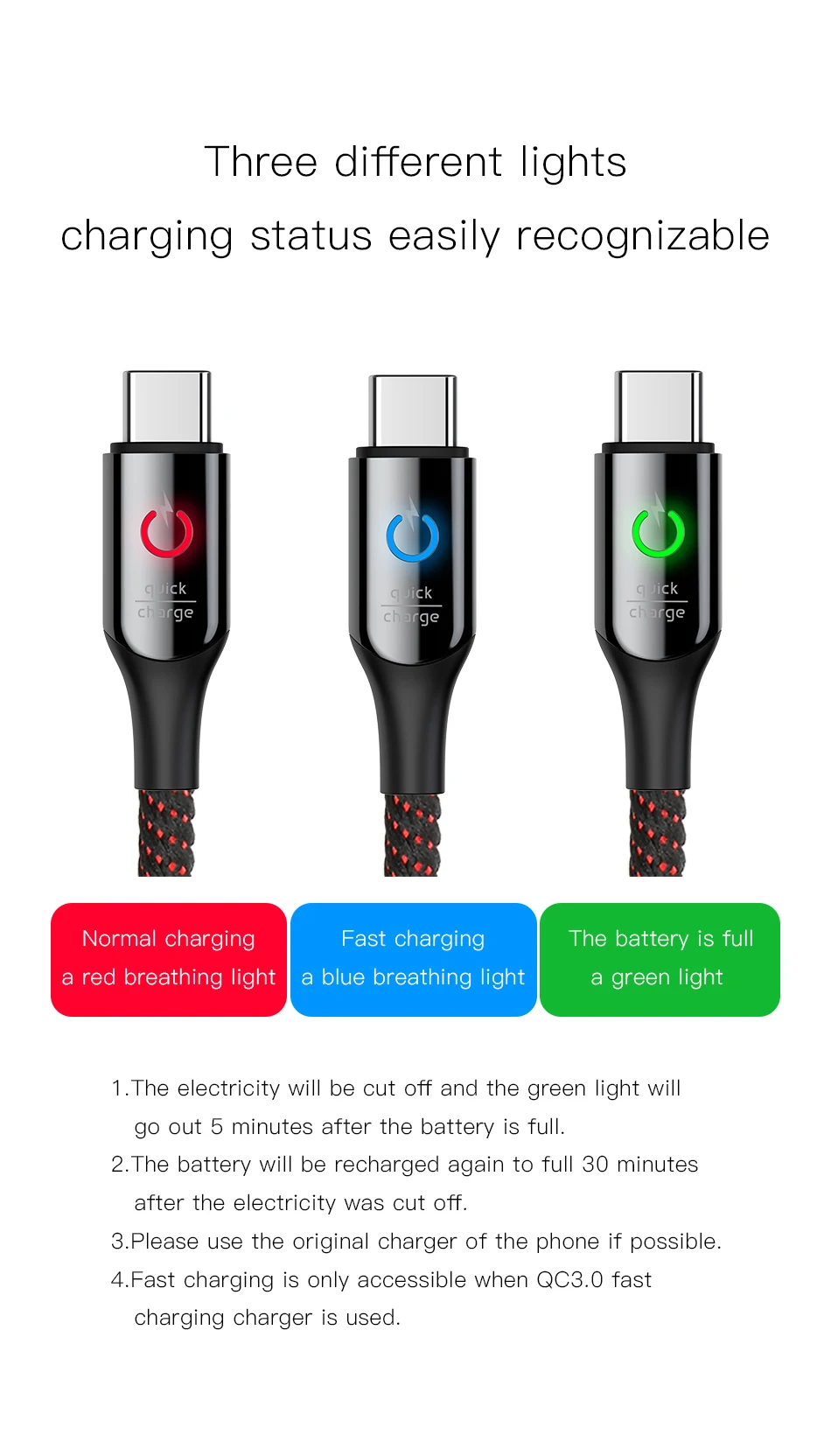 Baseus Led light usb type c кабель 3A Быстрая зарядка данных для samsung s8 s9 huawei oneplus 6 5 xiaomi note 7 зарядный кабель Android