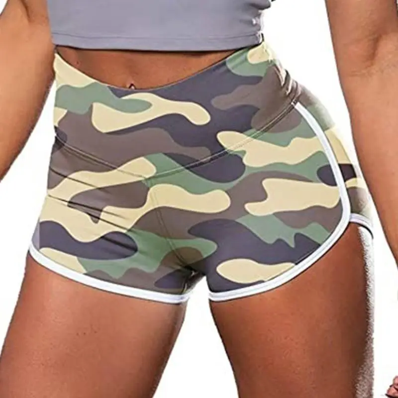 

Women Plus Size Camouflage Yoga Shorts Ruched Butt Lift Sport Gym Hot Pants Elastic High Waist Dolphin Striped Leggings