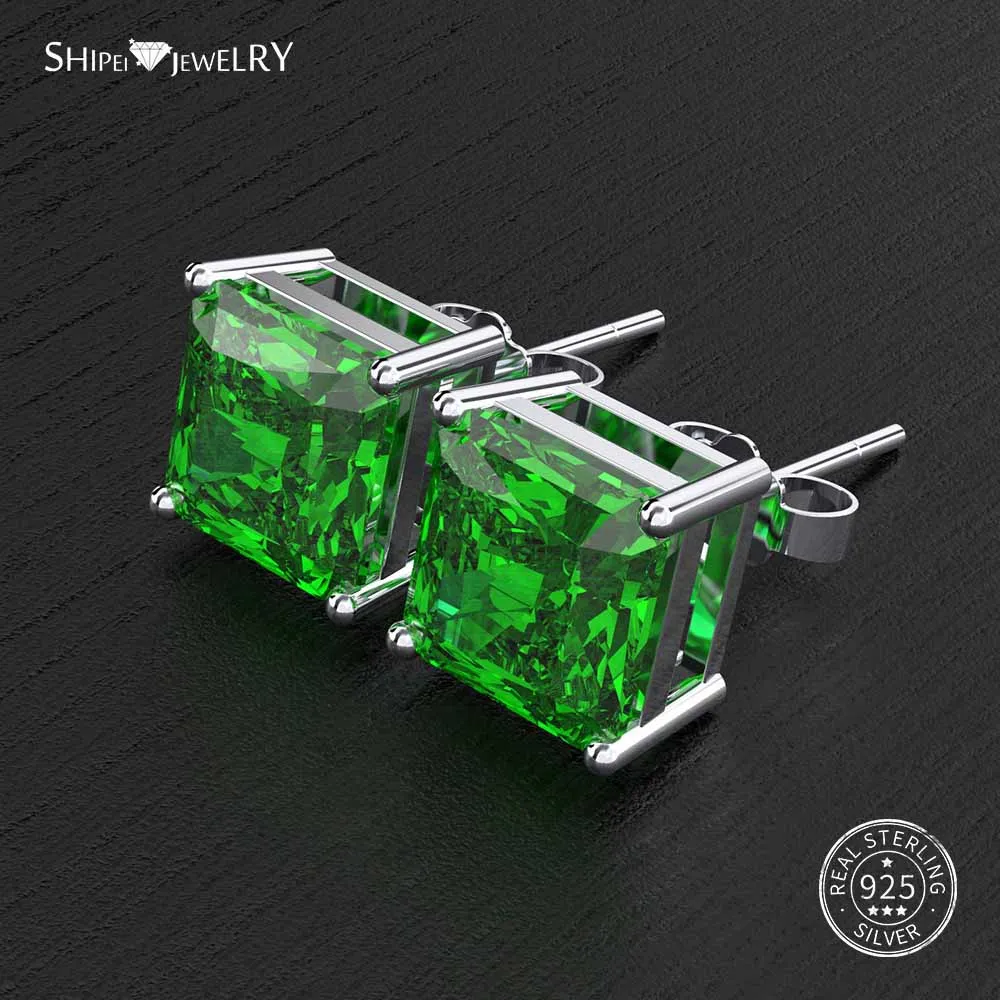 Emerald ShiPei Стерлинговое Серебро пробы розовый белый желтый сапфир рубин изумруд Asscher серьги гвоздики для женщин подарок на день рождения хорошее ювелирное изделие - Цвет камня: Emerald