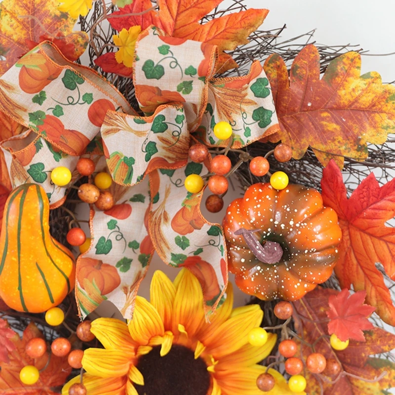 

Autumn Wreath Artificial Maple Leaf Pumpkin Sunflower Door Wreath Fall Garland for Halloween Thanksgiving Ornament