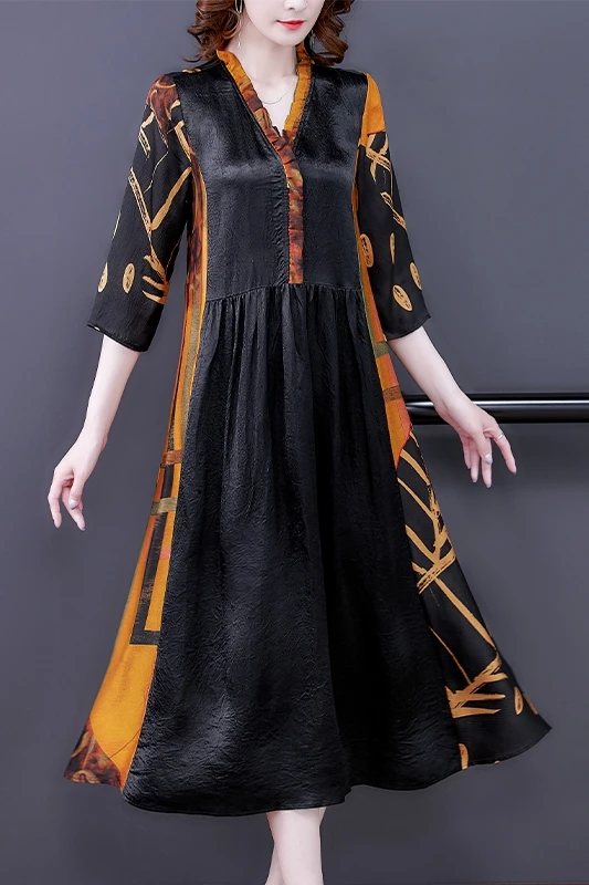 

COIGARSAM 4XL Plus Size Print Women dress New Spring Summer Dresses Black 1808