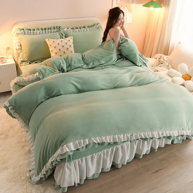 

Luxury Bedding Sets for Girls Winter Thicken Milk Velvet Duvet Cover Bed Sheets and Pillowcases Set Bed Full Size Comforter Sets