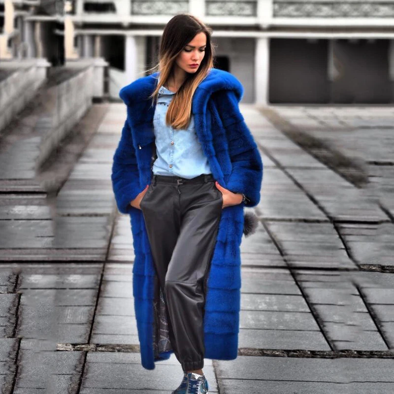 120cm Long Real Mink Fur Coats With Big Hood Fashion Luxury 2022 New Royal Blue Long Sleeve Genuine Mink Fur Coat Woman Outwear