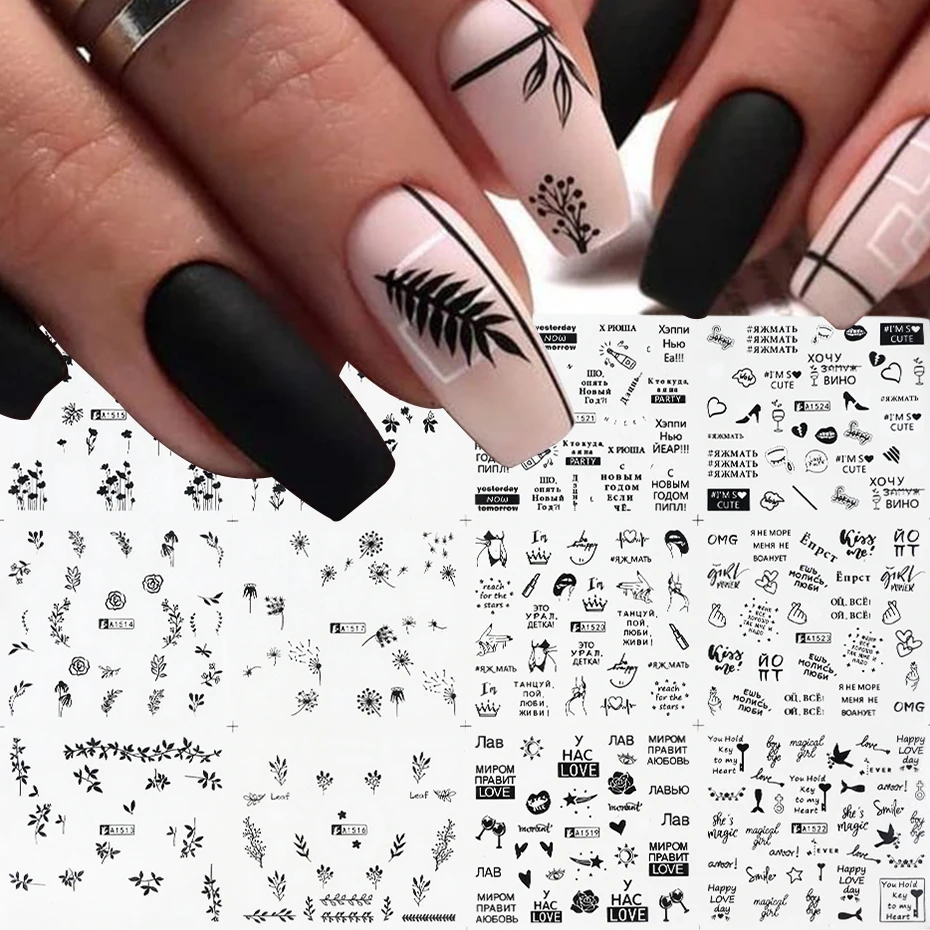

Цветочный лист, сексуальные надписи, наклейки для ногтей, черный, белый, слайдер с любовным письмом для украшения ногтей, водная наклейка ...