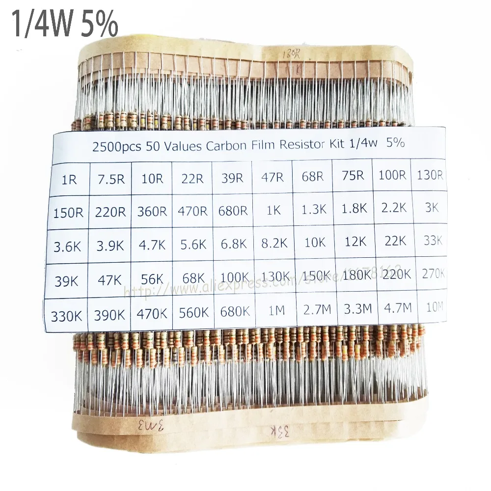 2500pcs/lot 1/4W 0.25w 5% Carbon Film Resistor Kit 50 Values Assortment Pack Mix Selection (1R-10M)