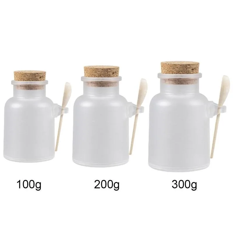 

1pcs 100g/200g/300g Empty Bath Salt Bottle Plastic Matte Mask Spoon Bottle Women Jar Refillable Cork With Wood Conta L8Q4