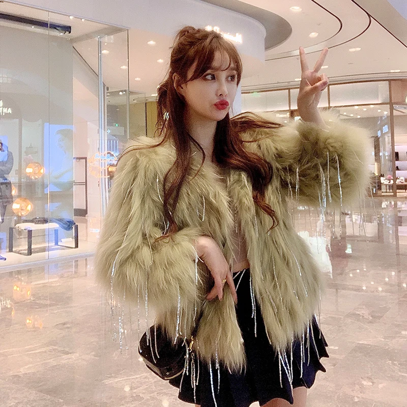 RosEvans Women Ins Real Raccoon Fur Knitted Fur Jacket Coat Mid-Length 2020 Winter New Tassel Crystal Young Girl Korean
