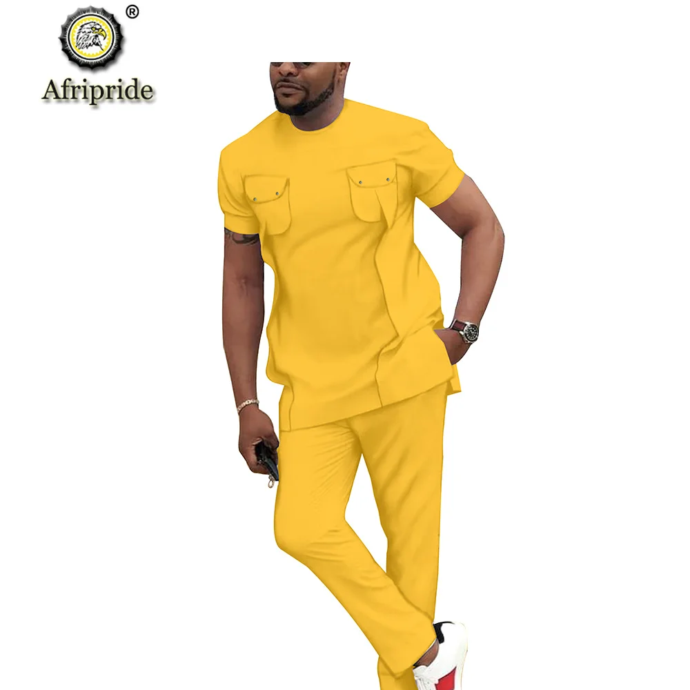 Men`s Casual Tracksuit African Clothing Short Sleeve Dashiki Blouse Shirt and Pants Set Ankara Attire Wax AFRIPRIDE S2016006