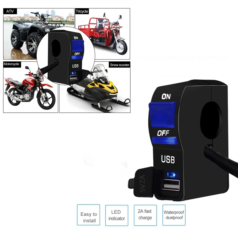 

Универсальный светодиодный индикатор 22 мм 12 В для крепления на руль мотоцикла, USB-порт, зарядное устройство для телефона с переключателем, а...