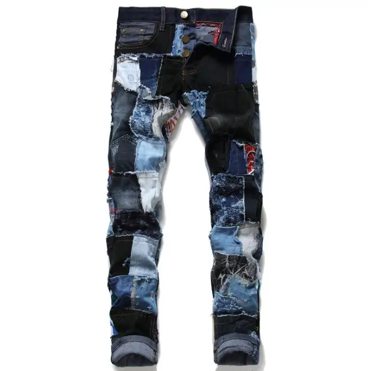 Hot sale jeans mens pants new style foreign trade straight leg slim-fit button hole European and American fashion trousers