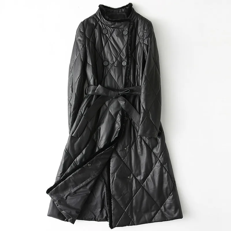 Leather Jacket Women Winter Sheepskin Genuine Real Mink Fur Collar Duck Down Long Coat Chaqueta Mujer X-150 YY544 | Женская одежда