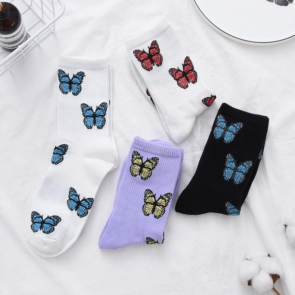 

1 Pair Autumn Winter Cotton Socks Unisex Fashion Butterfly Printed Socks Elastic Breathable Mid-calf Length Socks One Size#38