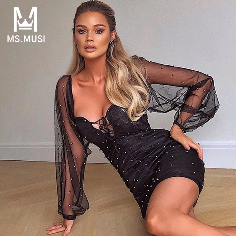

Новинка 2021, модное женское платье MSMUSI с длинным рукавом, кружевное, с бусинами и заклепками, Сетчатое Бандажное мини-платье, сексуальное клу...