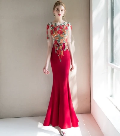 Женское вечернее платье-русалка элегантное темно-Красное Кружевное длинное