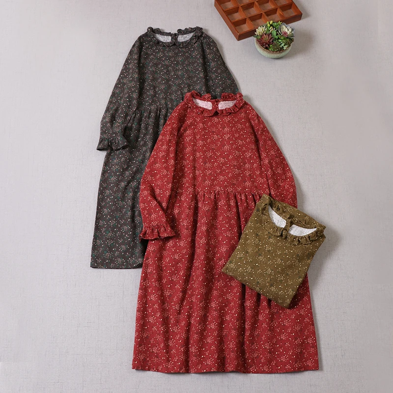 

Early Spring Retro Print Dress Women Long Sleeve Back Buttons Loose Waist Casual Midi Dress Duobao1103