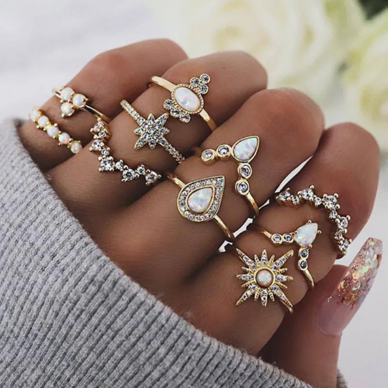 

Retro Fashion 10 Pcs/Set Water Drop Gemstone Star Joint Ring Set Accessories for Women Jewelry