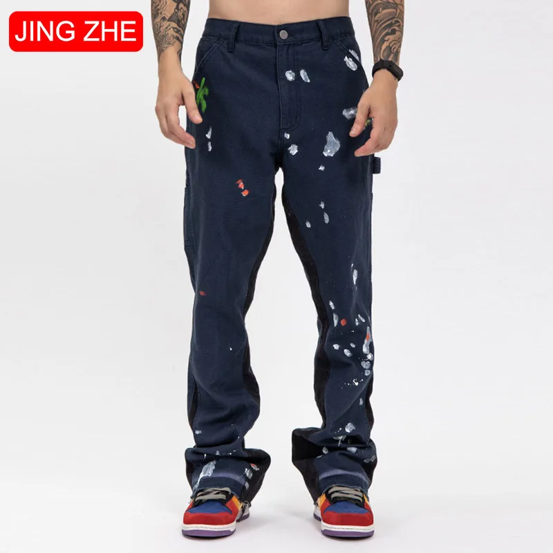 

JING ZHE Jeans Men Vintage Splash Ink Graffiti Baggy Jeans Casual Flare Denim Pants Male Fashion High Street Streetwear Trousers