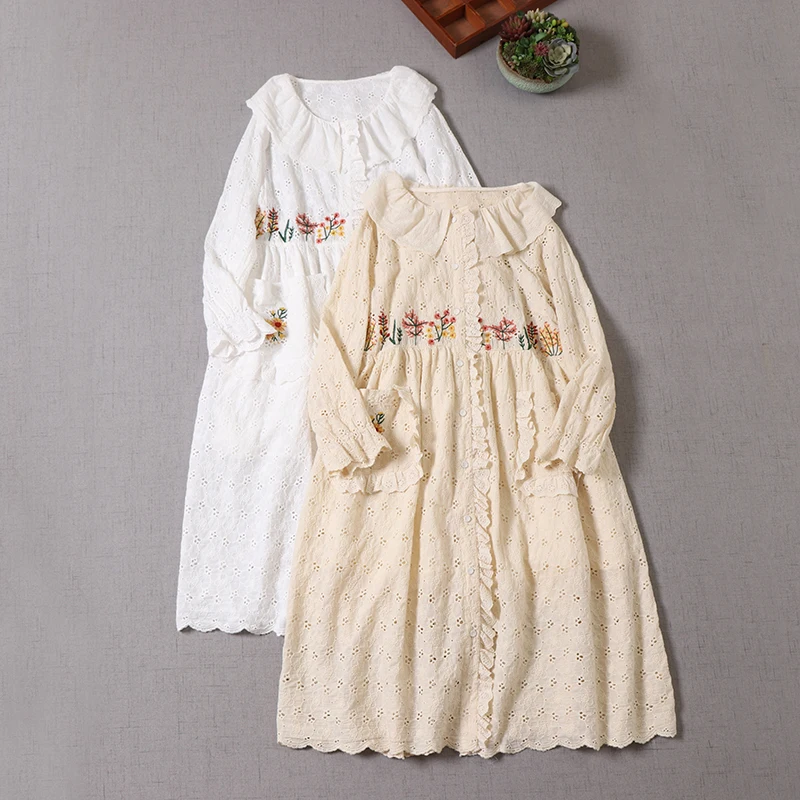 

2021 Fall Women Dress Japan Style Mori Girl Hollow out Embroidery Solid Color Long Sleeve Cotton and linen Dress