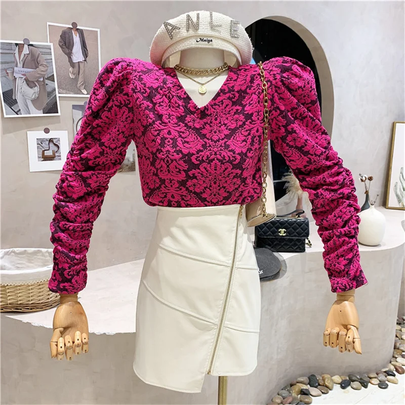 

Новинка, женская одежда, осень 2021, французская короткая рубашка в стиле ретро с V-образным вырезом и длинным рукавом, тонкий элегантный топ с ...