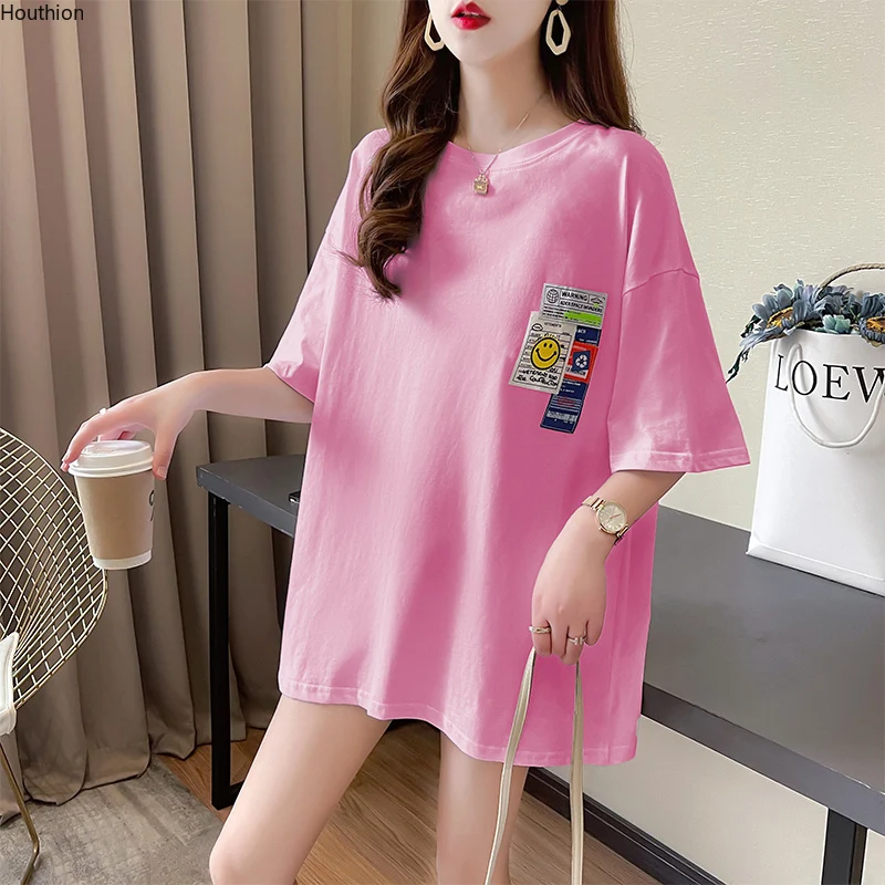 

Houthion Women T-shirt New Loose Plus Size Printing O-neck Top Casual Fashion T Shirt Mid-length Short Sleeve Letter Summer