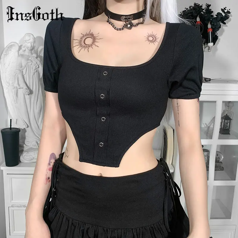 

InsGoth Gothic Punk Black T Shirt Streetwear Sexy Cut Out Short Sleeve Women T-Shirts Casual Button Patchwork Cropped Tops