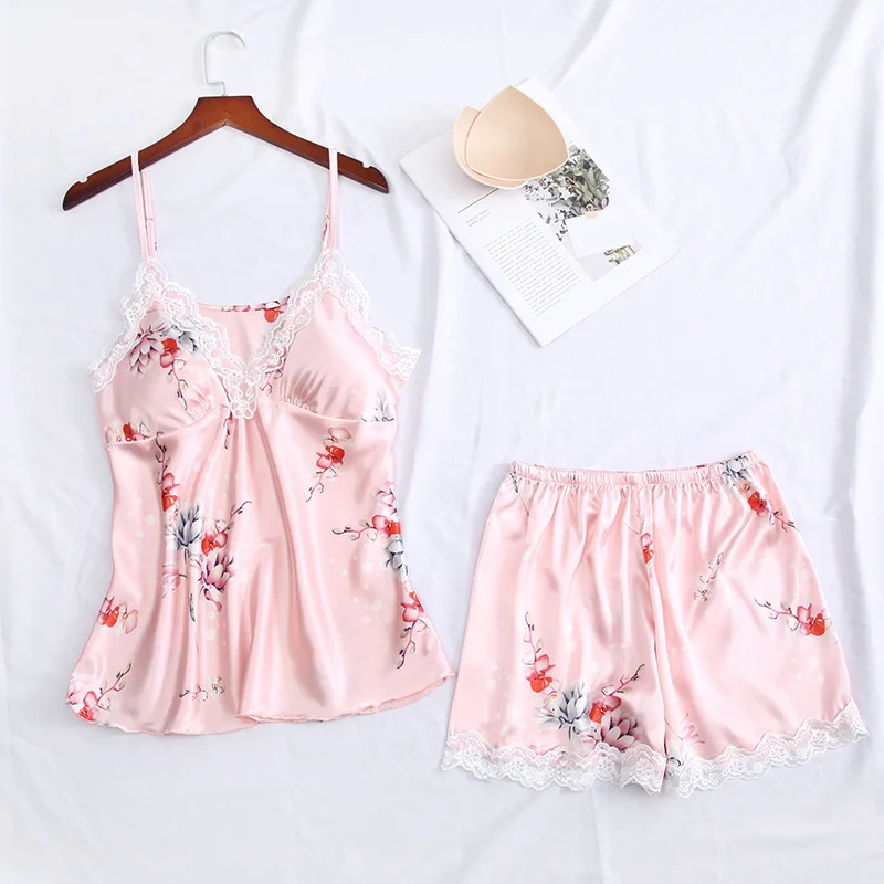 

Silk Pajamas For Women Women Lace Pajamas Set With Shorts Summer Pyjamas Satin 2 Piece Sleepwear V-Neck Pijama Mujer
