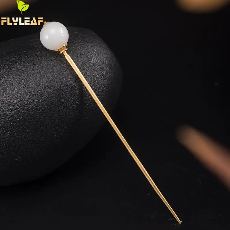 

925 Sterling Silver Jade Lotus Gold Hairpin Chinese Traditional Handmade Hanfu Accessories Fine Jewelry Flyleaf
