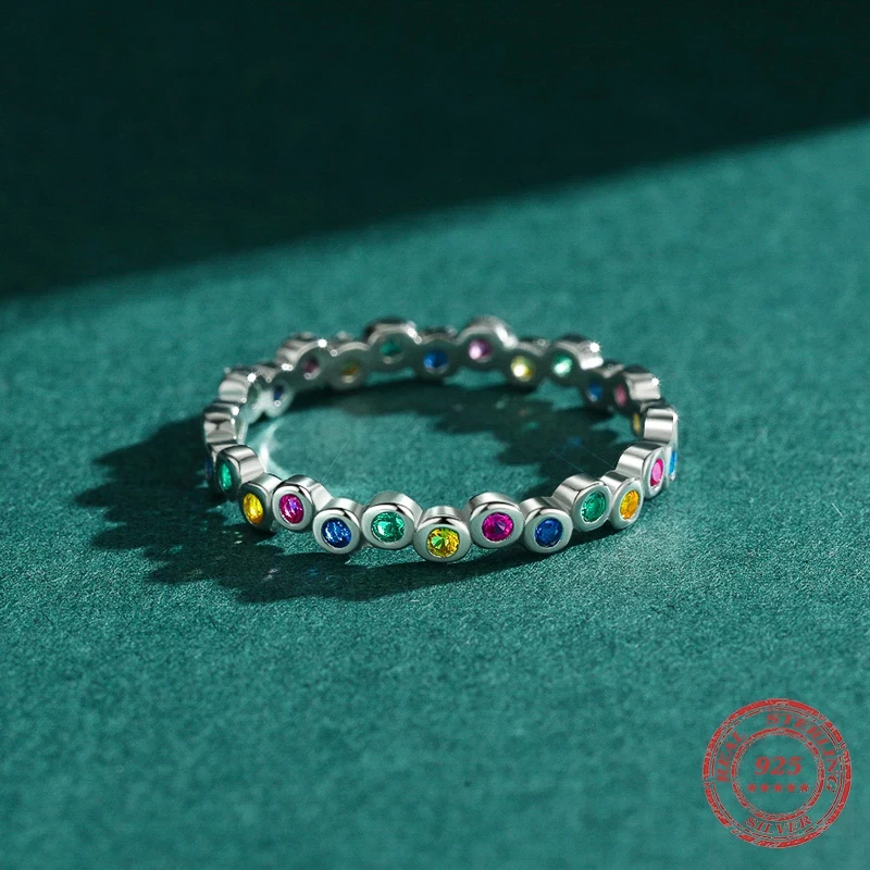 

s925 Sterling Silver Ring Fashion Rainbow Colorful Zirconia Finger Rings For Women Luxury Sparkling CZ Fine Jewelry Gift Anillo